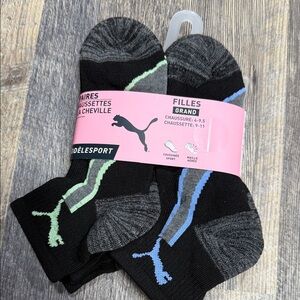 6 pairs Puma girls Athletic Socks - Black with Green and Blue Stripes